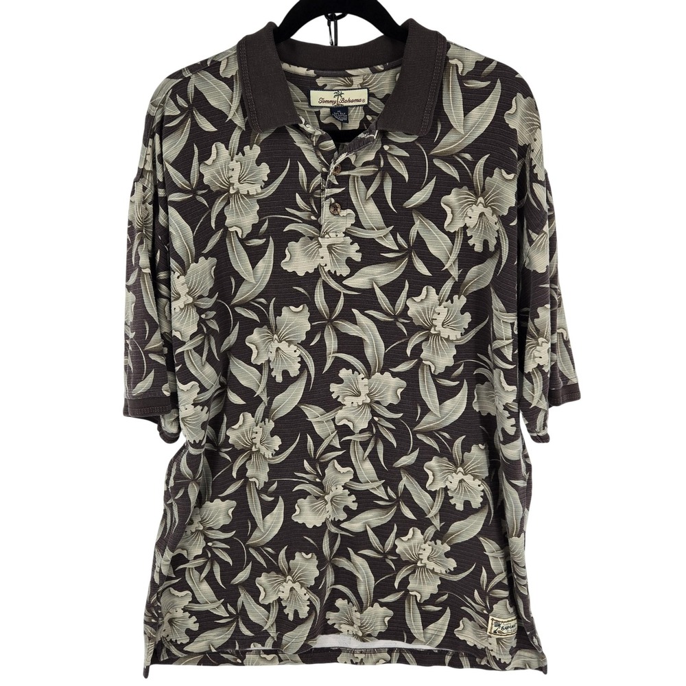 Tommy‎ Bahama Polo Shirt Mens Extra Large Brown Silk Cotton Floral Hawaiian